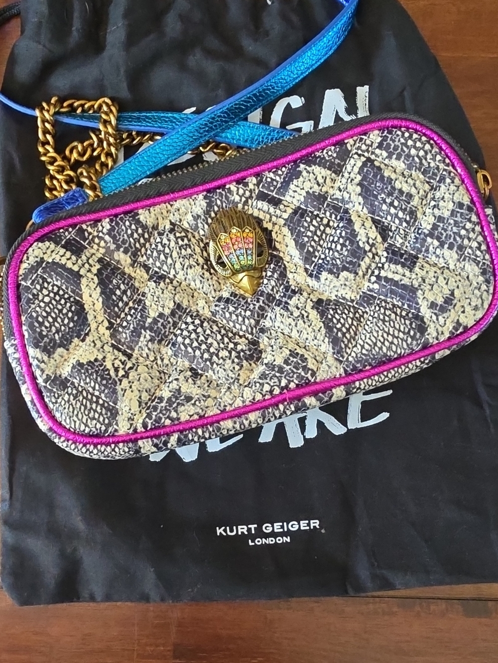 Kurt Geiger Snake-Print Crossbody with Pink Trim & Blue Strap